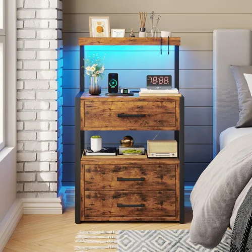 Vista 14 de Mesita de noche con estación de carga y luces LED, mesita de noche LED con 2 puertos USB y 2 salidas de CA, mesa auxiliar moderna con 3 cajones Negro