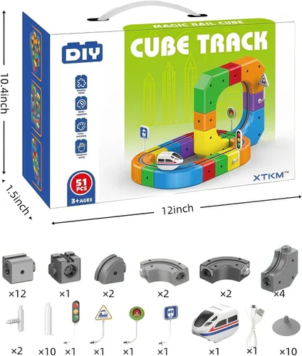 Vista 2 de Juego de tren eléctrico, juego de tren de fusión de pista flexible, kits de construcción de pistas de autos de carreras DIY con señales de tren