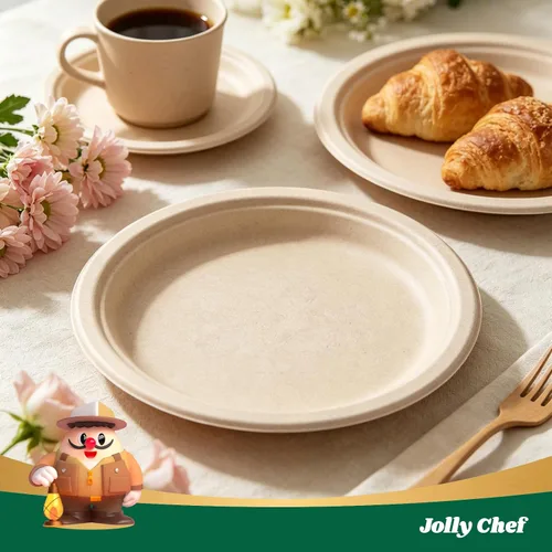 Vista 5 de JOLLY CHEF Platos compostables de alta resistencia de 10 pulgadas [Paquete de 125] Platos de papel desechables ecológicos de bagazo natural