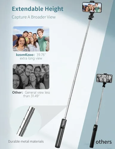 Vista 2 de Trípode para teléfono de 39.7 pulgadas con luz, trípode para selfie stick con control remoto inalámbrico desmontable, 4 en 1 extensible portátil