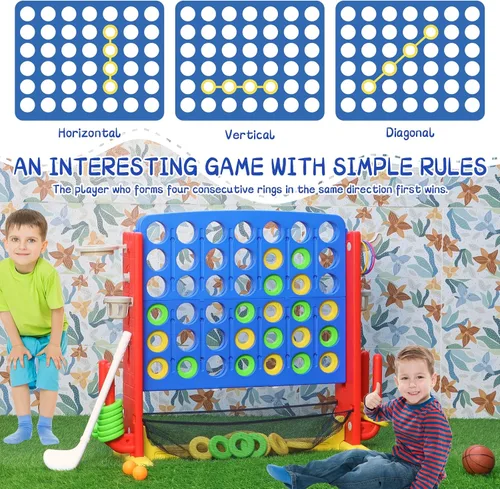 Vista 5 de Juego gigante 4 en una fila, juego de patio jumbo de ajuste de altura para niños y adultos con bolsa de captura de malla, golf, aro de baloncesto