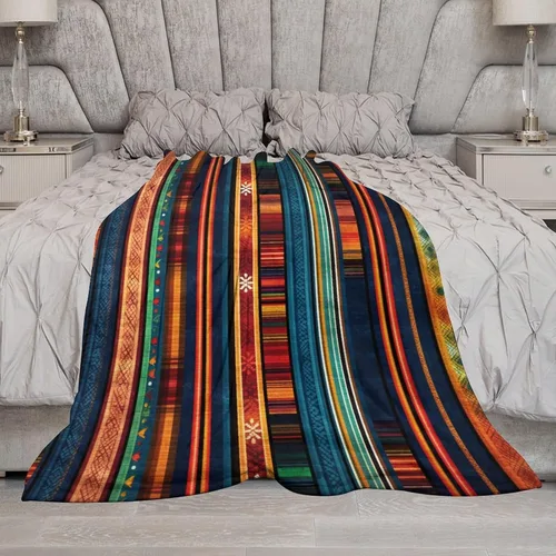Vista 6 de Manta bohemia mexicana retro a rayas multicolor, manta bohemia étnica cálida de 30 x 40 pulgadas, suave manta de felpa mullida y acogedora manta