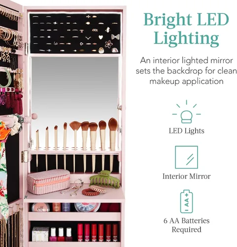 Vista 3 de Best Choice Products Armario de joyería con espejo LED, organizador de joyas con cerradura para pared o puerta con espejo, 2 cajones, cerradura