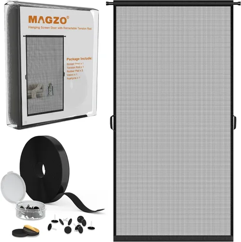Vista 12 de MAGZO - Puerta mosquitera colgante para puertas 24" x 80" (tamaño de cortina 26" x 81"), de fibra de vidrio mejorada con barra de tensión, gancho