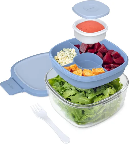 Vista 12 de Bentgo Recipiente de Ensalada de Vidrio Todo en Uno - Ensaladera Grande de 61 oz con Tapa, Bandeja Estilo Bento de 4 Compartimentos, Recipiente