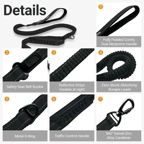 Vista 2 de Correa elástica táctica sin tirones para perros medianos y grandes con doble asa (4-6 pies), absorbe los golpes, mango de tráfico y entrenamiento