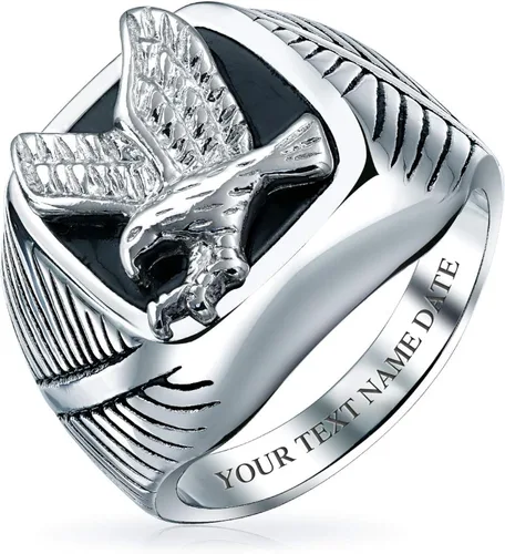 Vista 5 de Mens Large Statement Black Patriotic USA Flying American Bald Eagle Square Signet Ring for Men Gold Plated Silver Tone Stainless Steel