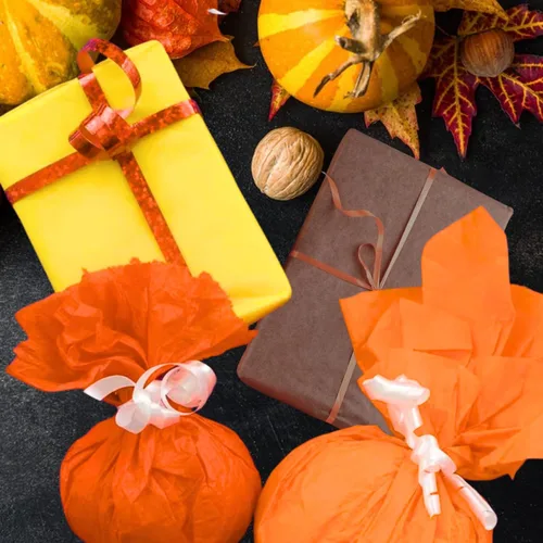 Vista 2 de Papel de seda naranja, 60 hojas de papel de seda amarillo para bolsas de regalo, manualidades de otoño de Halloween, bricolaje, papel de seda