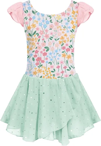 Vista 14 de Arshiner - Vestido de baile de ballet con mangas con volantes, leotardo de tutú con ruedo para niñas Lila