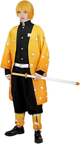 Vista 3 de Buyoem Zenitsu - Disfraz de cosplay para niños y adultos, kimono de anime para Halloween, cosplay, capa tipo kimono con aretes para peluca