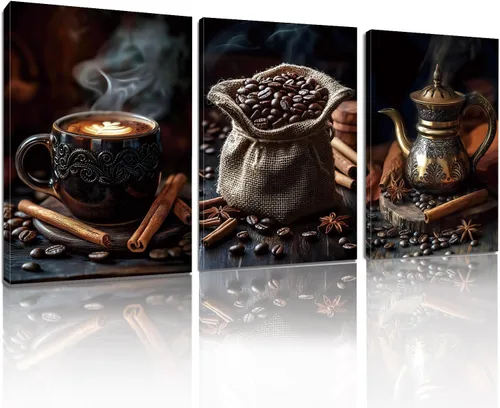 Vista 7 de Gueeclk Arte de pared en lienzo de barra de café, impresiones en lienzo de granos de café en tela de saco, juego de 3 arte de pared marrón, imagen