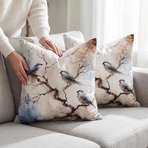 Vista 5 de Juego de 2 fundas de almohada decorativas de terciopelo de 18 x 18 pulgadas, estampado de pájaros y ramas en acuarela, felpa suave con acento neutro