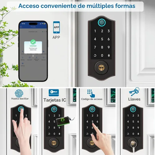 Vista 2 de Cerraduras inteligentes con huellas dactilares para puerta delantera con mango, control por aplicación, cerradura de puerta de entrada sin llave