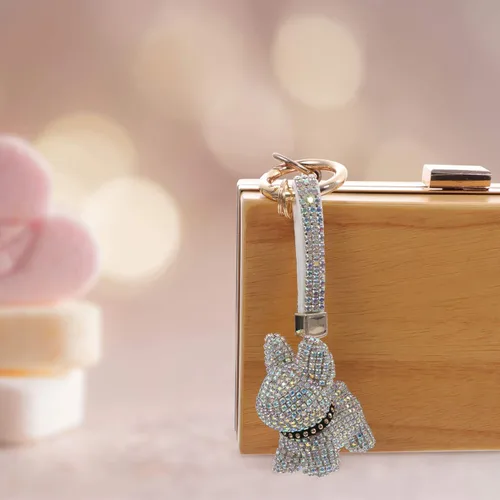 Vista 4 de ValiCLUD Bulldog Llavero Diamante Círculo de Coche Llavero Colgante Rhinestone Crystal Monedero Animal Pet Charm Bolso Mochila