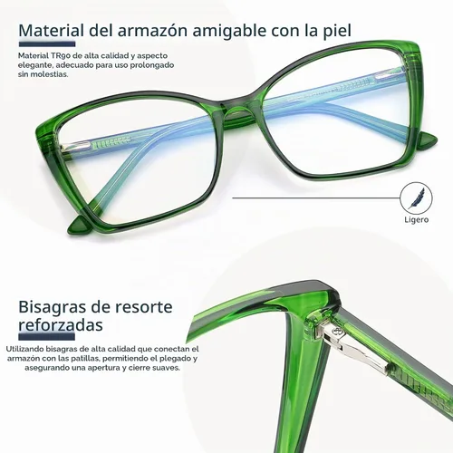 Vista 3 de Gafas de Bloqueo de Luz Azul para Mujeres, de Gran Tamaño con Estilo Ojo de Gato para Computadora y Videojuegos Antirreflejos y Anti-UV RF6204 Verde