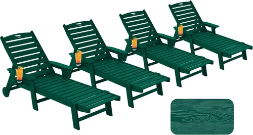 Vista 13 de Chaise Lounge Chair al aire libre con ruedas, silla de patio de gran tamaño con textura de madera, silla de plástico de 5 posiciones para piscina