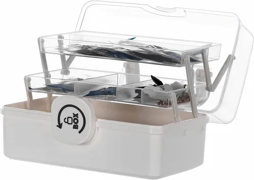 Vista 7 de Sooyee Organizadores y almacenamiento de manualidades, caja de plástico con bandeja plegable de 3 niveles, organizador de almacenamiento