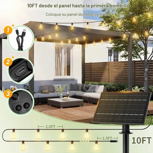 Vista 6 de Tira de luces solares para exteriores de 100 pies con 36+2 bombillas Edison inastillables e impermeables, luces de patio de grado comercial de 2200