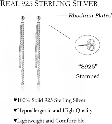 Vista 6 de SLUYNZ Sterling Silver Crystal Rhinestone Linear Drop Earrings for Women Teens CZ Long Dangle Earrings Tassel Chain Studs 4.5 cm7.5 cm