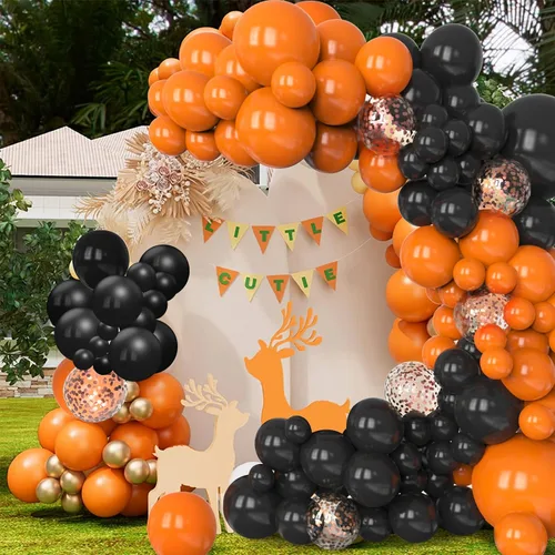 Vista 7 de Kit de arco de globos naranjas y negros, 130 globos de confeti de oro rosa para decoración de Pascua, cumpleaños, Halloween, fiesta de cumpleaños
