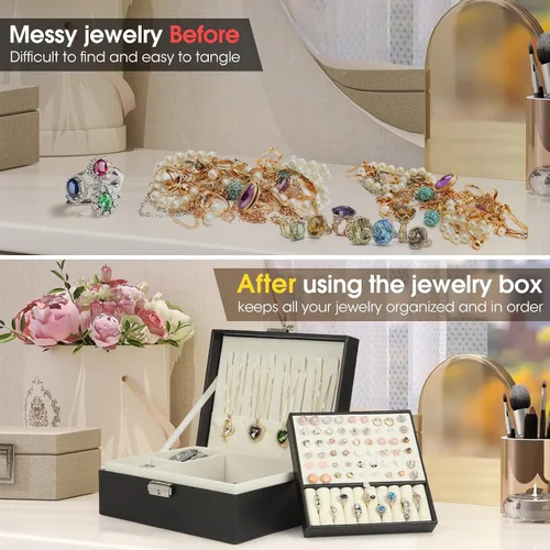 Vista 5 de Joyero organizador para mujeres y niñas, 2 capas de viaje con rollo de joyería plegable, juego de almacenamiento de joyas de cuero para anillos