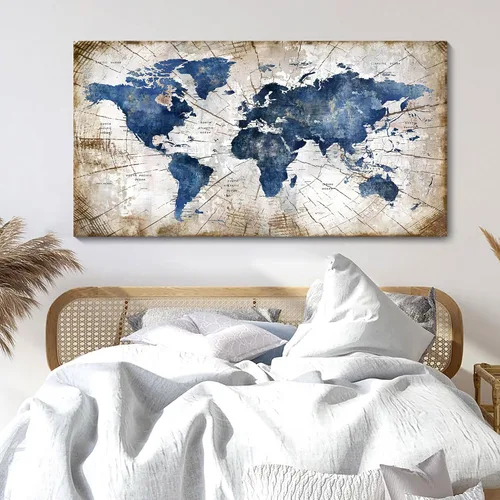 Vista 4 de Lienzo de mapa del mundo para pared, arte abstracto de mapas del mundo azul marino para pared, arte de pared moderno vintage para oficina, cuadros