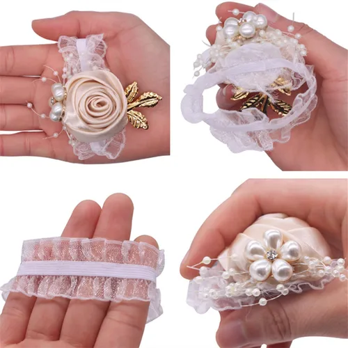 Vista 3 de 1 pieza flor de muñeca, boda dama de honor, novia, decoración de ramillete de muñeca, flor de mano, champán