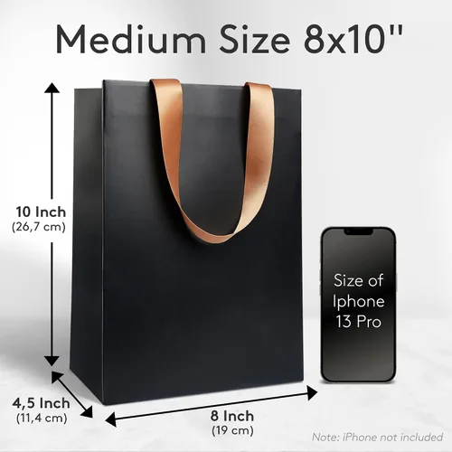 Vista 4 de Anavego 6 bolsas de regalo negras de primera clase con marcadores metálicos para personalización y papel de seda. Tamaño mediano 8 x 10 pulgadas.