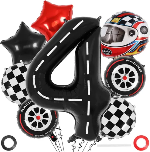 Vista 10 de Globos de cumpleaños de auto de carreras, globo número 0 de carrera, globo de aluminio grande de 40 pulgadas, globo negro 0 para decoración