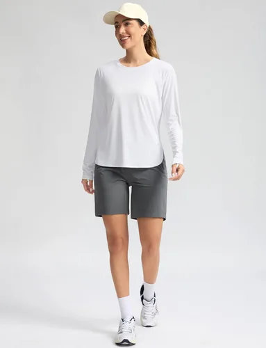 Vista 3 de Camisetas de sol para mujer, con protección ultravioleta FPU 50+, manga larga, ligera, de secado rápido, para entrenamiento, senderismo, para mujer