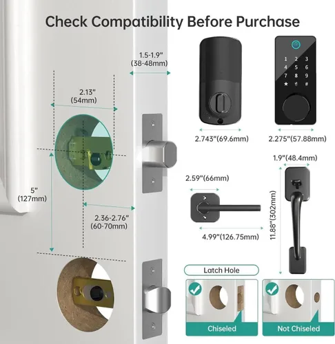 Vista 6 de Cerradura de puerta inteligente con mango 6 en 1 sin llave cerrojo de entrada, cerradura de puerta biométrica de huellas dactilares, código