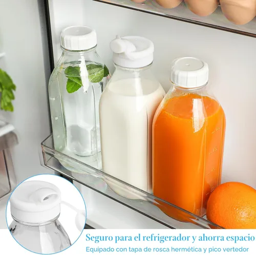 Vista 2 de Paquete de 4 botellas de leche de vidrio de 1 litro con escala, tapa de rosca 100% hermética y resistente, tarros de 32 onzas con 2 boquillas