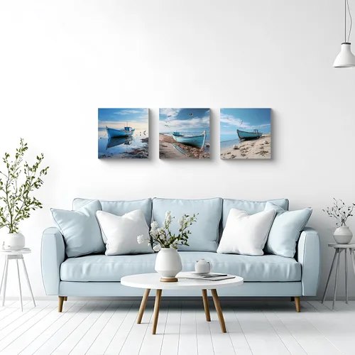 Vista 3 de Arte de pared costero de playa, arte en lienzo de barco azul, imágenes de gaviota, paisaje marino, impresiones de pintura de paisajes marinos, obras