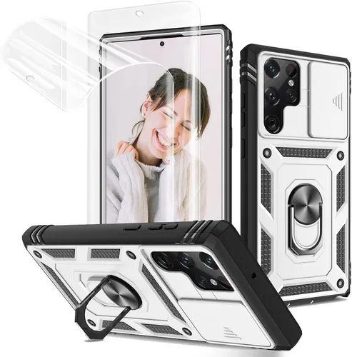 Vista 21 de Jeylly Funda para Galaxy A12 con cubierta deslizante para cámara, protector de pantalla de vidrio templado, protección híbrida de policarbonato duro