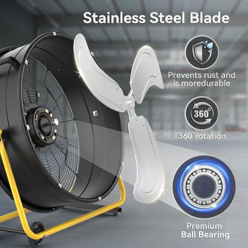Vista 6 de CCGIRU Ventilador de tambor de alta velocidad de 24 pulgadas, ventilador industrial resistente con certificación UL, 3 velocidades, 8500 CFM