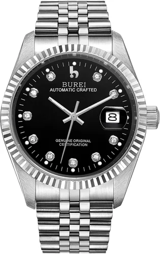 Vista 8 de BUREI Reloj automático de lujo para hombre, resistente al agua, reloj mecánico, correa ajustable de dos tonos de acero inoxidable