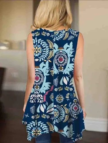 Vista 2 de Paewin - Camiseta sin mangas para mujer cuello redondo asimétrico estampado floral túnica