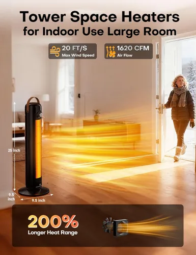 Vista 3 de Calentador eléctrico de cerámica PTC de 1500 W con 4 modos, calefacción 1S de 350 pies cuadrados, calentadores de patio oscilantes de 70° para uso