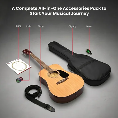 Vista 3 de Fender Guitarra acústica Dreadnought - Paquete natural con estuche, afinador, cuerdas, correa y púas