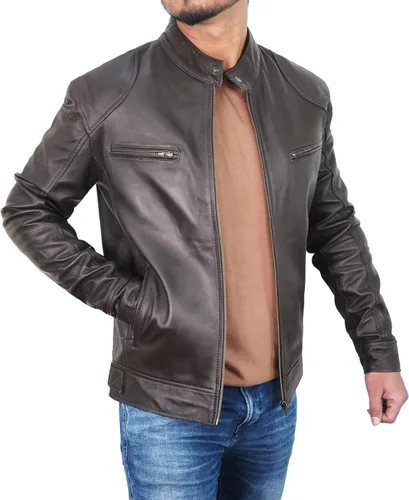 Vista 2 de Chaqueta de cuero de piel de cordero real para hombre, chaqueta de cuero casual estilo moto clásico con cuello de pestaña a presión