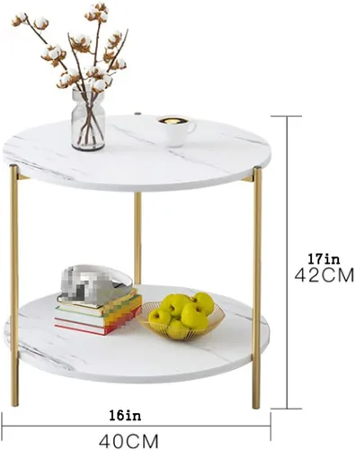 Vista 3 de Mesa de Centro 2 Tier Coffee Table Small Round Side Table with Storage & Sturdy Metal e Legs Modern Circle Table for Living Room Bedroom Kitchen Tea