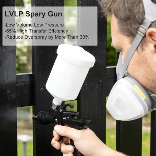 Vista 4 de R500 LVLP Pistola de pulverización de aire con boquillas de 1.3/1.5/0.067 in y regulador de aire, pistolas de pintura A610 automotrices kit premium