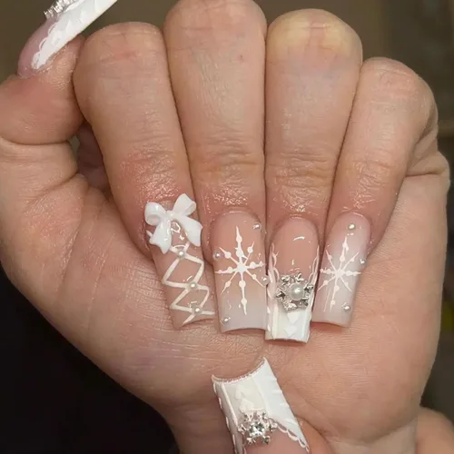 Vista 16 de Uñas postizas a presión con punta francesa cuadrada larga con arco 3D, diseños de línea de copo de nieve, uñas de invierno, uñas a presión