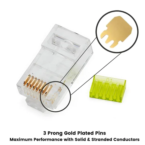 Vista 3 de trueCABLE Conectores RJ45 Cat6/6A, enchufe modular escalonado, sin blindaje (UTP), listado UL, barra de carga, chapado en oro, 3 clavijas 8P8C, 10