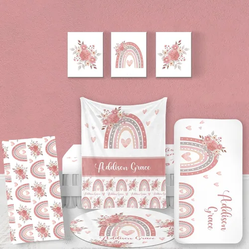 Vista 19 de Juego de ropa de cama de bebé personalizado, ropa de cama de elefante rosa para bebé, manta de bebé, sábana bajera ajustable, funda cambiadora