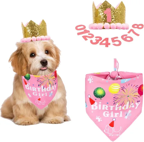 Vista 7 de ADOGGYGO - Bandana de cumpleaños para perro, sombrero de cumpleaños azul, números de edad, talla S 3 tamaños, bandana transpirable, corona dorada