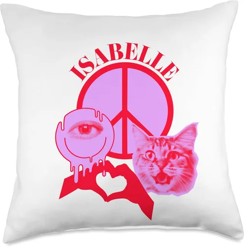 Vista 4 de Isabelle Name Personalized Peace and Karma Co. Personalized Isabelle First Name I Love Retro Cat Mom Throw Pillow, 16x16, Multicolor