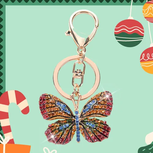 Vista 8 de Llavero de mariposa de aleación de diamantes de imitación, diseño de rana, leopardo, pulpo, animal brillante, llavero de metal para bolsa, bolsa