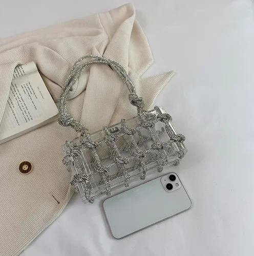 Vista 5 de Bolso de acrílico transparente con diamantes de imitación, bolso de mano de noche brillante, bolso anudado adornado con cristal para cóctel, fiesta