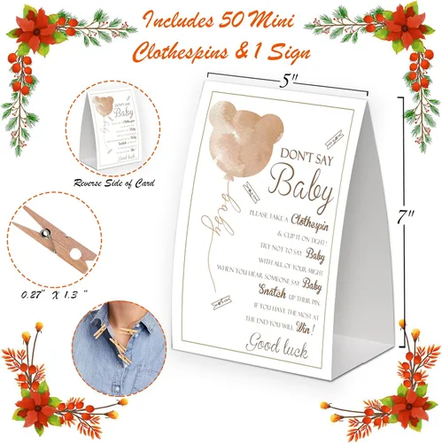 Vista 2 de Decoraciones de oso para baby shower, género neutro y temático de otoño, incluye juego de Don't Say Baby y pequeño juego de pinzas para la ropa